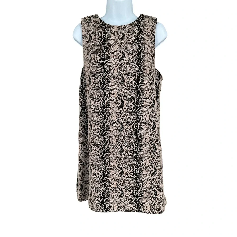 Free People Shift Dress Womens 6 Tan Black Cotton Blend Snakeskin Boho Mini